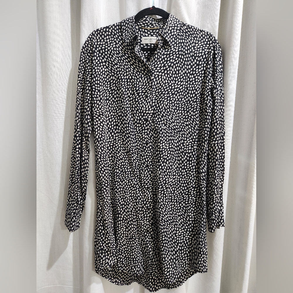 2016‎ Saint Laurent YSL Black Button Down Long Sleeve Shirt Dress Hearts FR 34